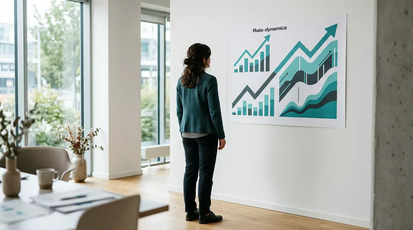 Analista observando un mural informativo con gráficas de crecimiento del mercado de apuestas deportivas en España